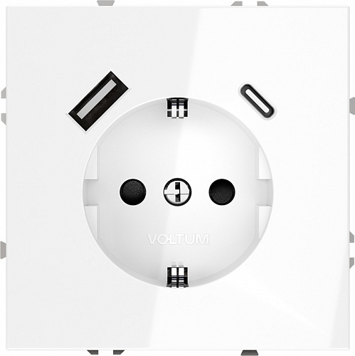 Розетка с заземлением, шторками и USB Type A+С (белый глянцевый) Voltum S70 VLS040501