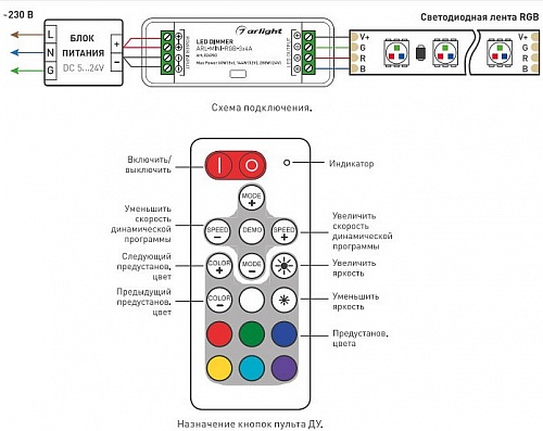 Контроллер-регулятор цвета RGBW с пультом ДУ Arlight ARL-MIN ARL-MINI-RGB-3x4A (5-24V, RF ПДУ 18кн) 024983