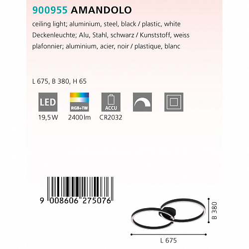 Потолочный светильник Eglo AMANDOLO, 19,5W(LED), 2400lm, L675, B380, H65, алюминий, сталь, черный/пластик, белый