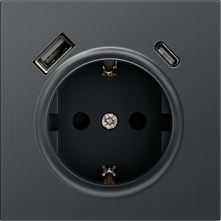 Розетка с заземлением + зарядка USB A+C 20W, вороненая сталь Donel R98 Metal DA15500-DA222GS