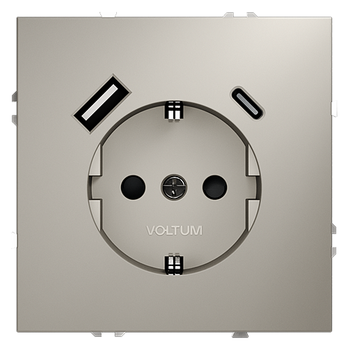 Розетка с заземлением и защитными шторками, Voltum S70, с USB, A+С, кашемир VLS040503