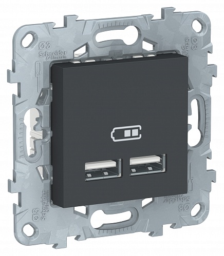 Розетка USB-зарядки двойная, 5B/2100 mA. Цвет Антрацит. Schneider Electric Unica New. NU541854