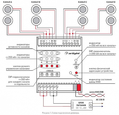 Контроллер-диммер Arlight Intelligent KNX-204-DIM-DIN (12-48V, 8x0.35/4x0.7/2x1A) 025660